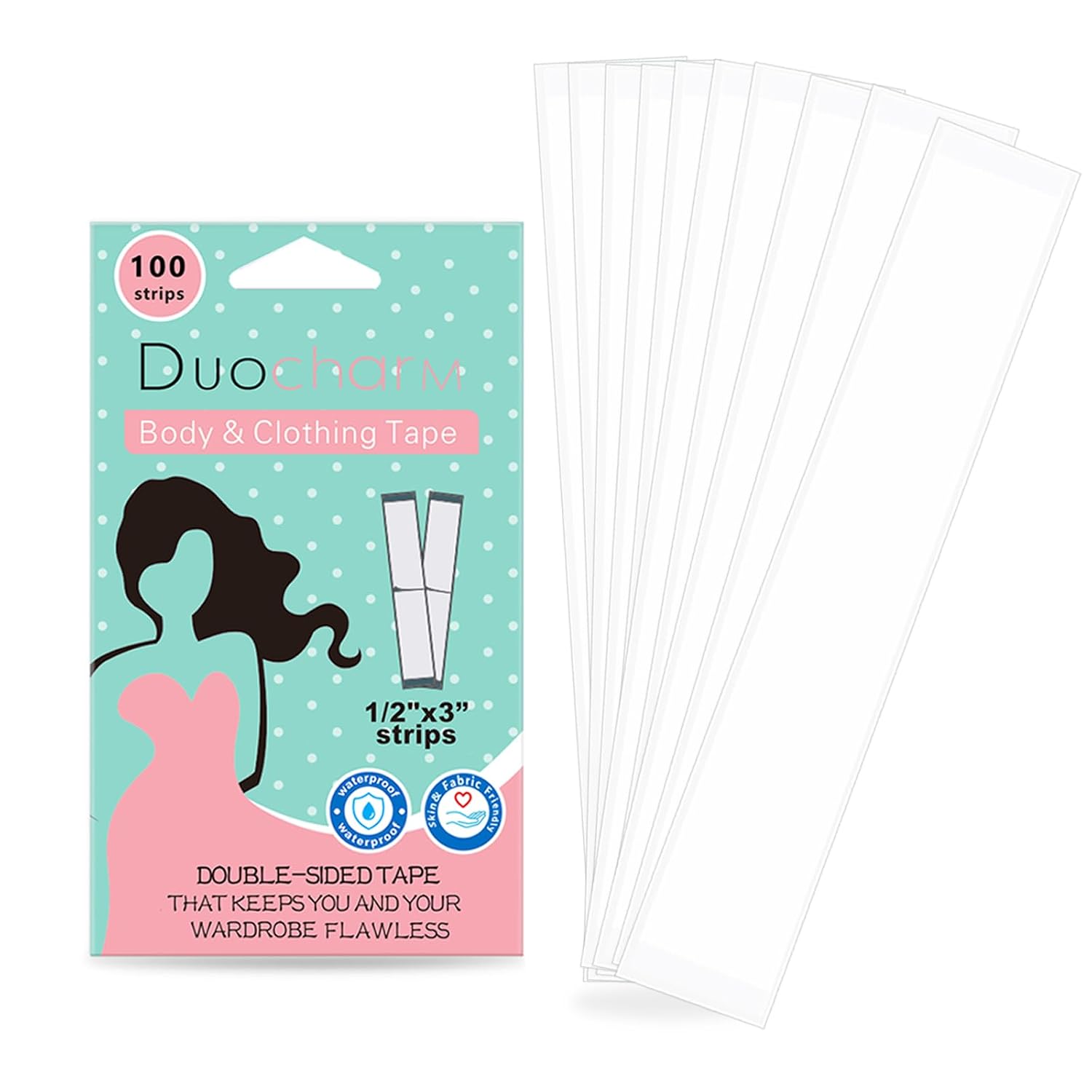 Package of double-sided body and clothing tape with clear adhesive strips